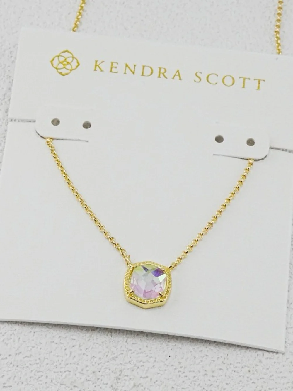 Kendra Scott Gold Necklace and Studs with Pink Iridescent Stones